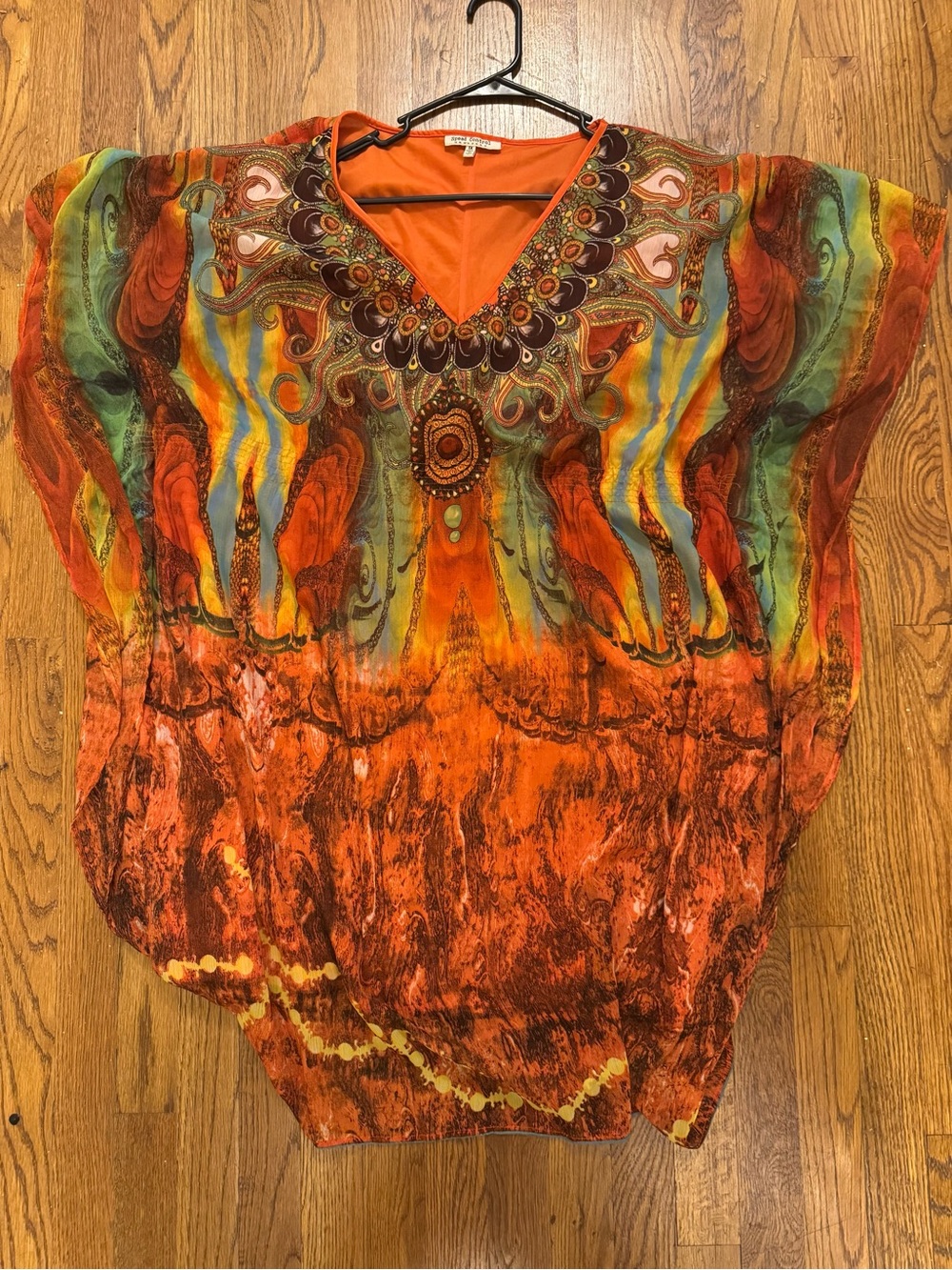 Speed Control Orange Multi V-Neck Midi Tunic Style Dress with Beaded-Look Detail